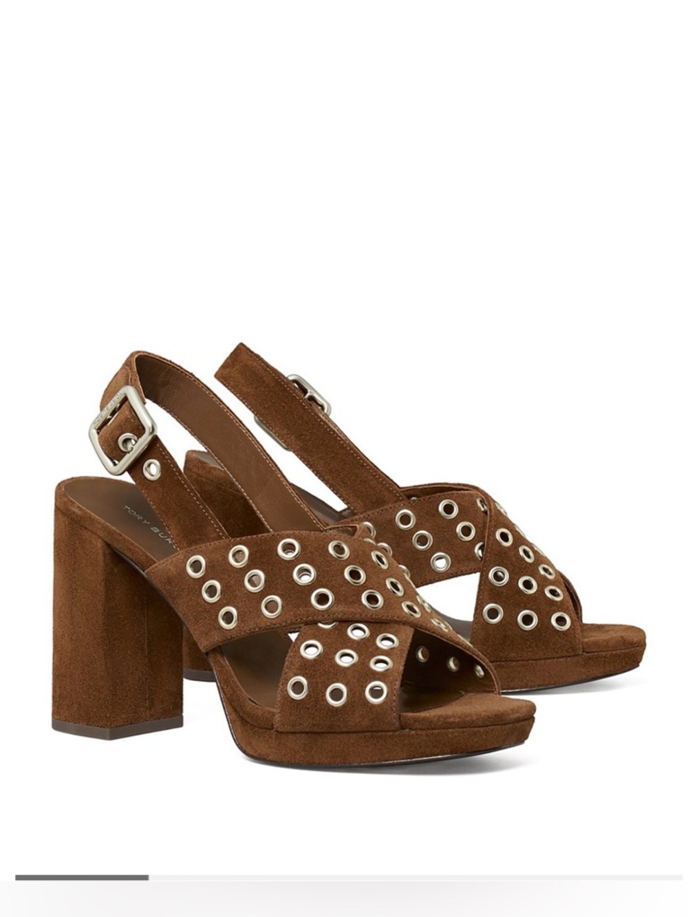NWT Tory Burch Cross Band Suede Heel Sandals, Mustang, Size 8 - Picture 2 of 16